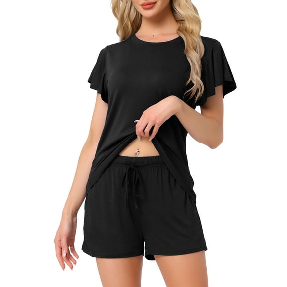 INSPIRE CHIC Women's Lounge Set Soild Sleepwear Short Sleeve Top and Shorts Pajama Set with Pockets 3XL Black