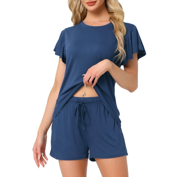 INSPIRE CHIC Women's Lounge Set Soild Sleepwear Short Sleeve Top and Shorts Pajama Set with Pockets L Navy