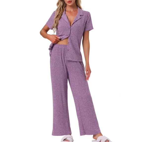 INSPIRE CHIC Women's Lounge Set Knit Soild Pajama Set Short Sleeve Full Length PJ Set S Purple
