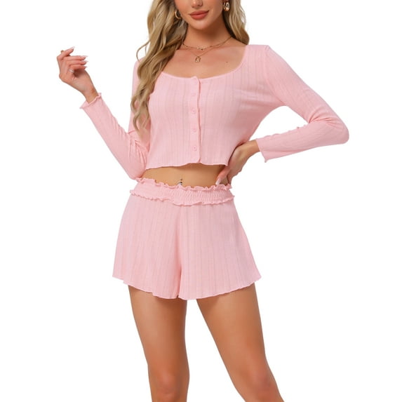 INSPIRE CHIC Womens Lounge Set Long Sleeve Pajamas Button Shirts with Shorts 2 Piece Y2k Workout Sets L Pink