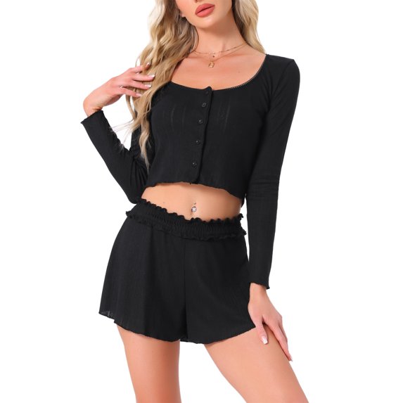 INSPIRE CHIC Womens Lounge Set Long Sleeve Pajamas Button Shirts with Shorts 2 Piece Y2k Workout Sets M Black