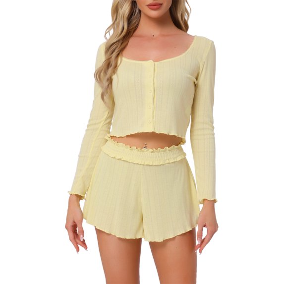 INSPIRE CHIC Women's Lounge Set Long Sleeve Pajamas Button Shirts with Shorts 2 Piece Y2k Workout Sets XS Yellow