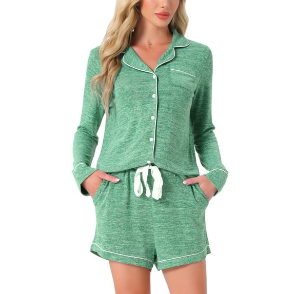 INSPIRE CHIC Women's Lounge Sets Button Up Notch Collar Long Sleeve Top with Shorts 2 Pcs Pajamas with Pockets L Green
