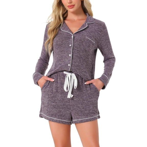 INSPIRE CHIC Womens Lounge Set Soft Button Up Notch Collar Long Sleeve with Shorts Set with Pockets M Purple