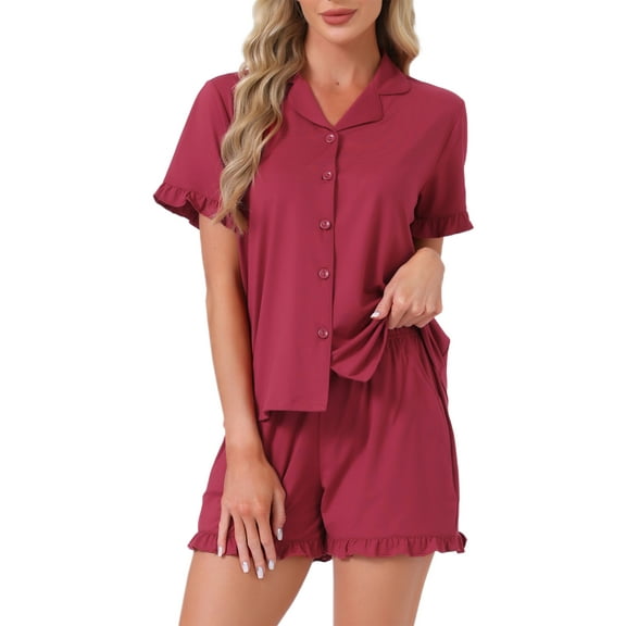 INSPIRE CHIC Womens Lounge Set Strawberry Print Ruffle Frill Cute Pattern Button Down Short Sleeve Pajama Shorts Sets L Red