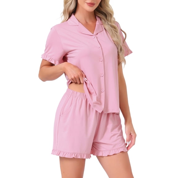 INSPIRE CHIC Womens Lounge Set Strawberry Print Ruffle Frill Cute Pattern Button Down Short Sleeve Pajama Shorts Sets M Deep Pink