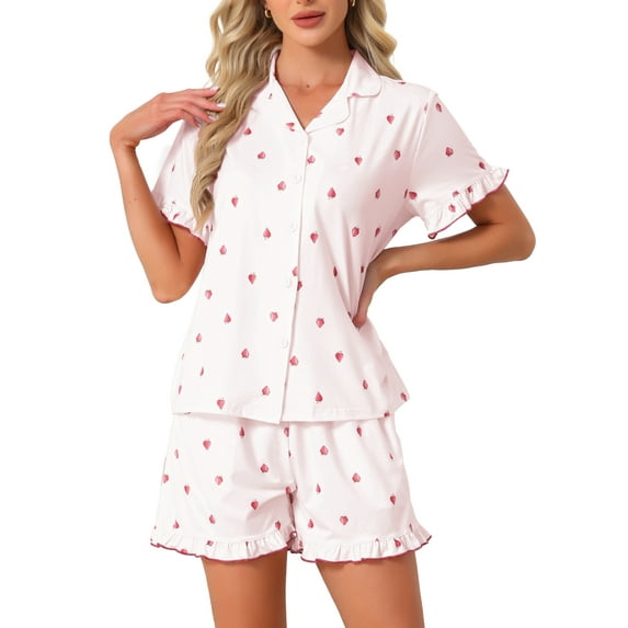 INSPIRE CHIC Womens Lounge Set Strawberry Print Ruffle Frill Cute Pattern Button Down Short Sleeve Pajama Shorts Sets S Light Pink