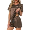 thumbnail image 1 of INSPIRE CHIC Women's Lounge Set V Neck Soft Contrast Color Short Sleeve and Shorts Set Pajama Set L Brown, 1 of 6