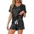 thumbnail image 1 of INSPIRE CHIC Women's Lounge Set V Neck Soft Contrast Color Short Sleeve and Shorts Set Pajama Set XL Black, 1 of 6