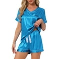 thumbnail image 1 of INSPIRE CHIC Women's Lounge Set V Neck Soft Contrast Color Short Sleeve and Shorts Set Pajama Set XL Blue, 1 of 6