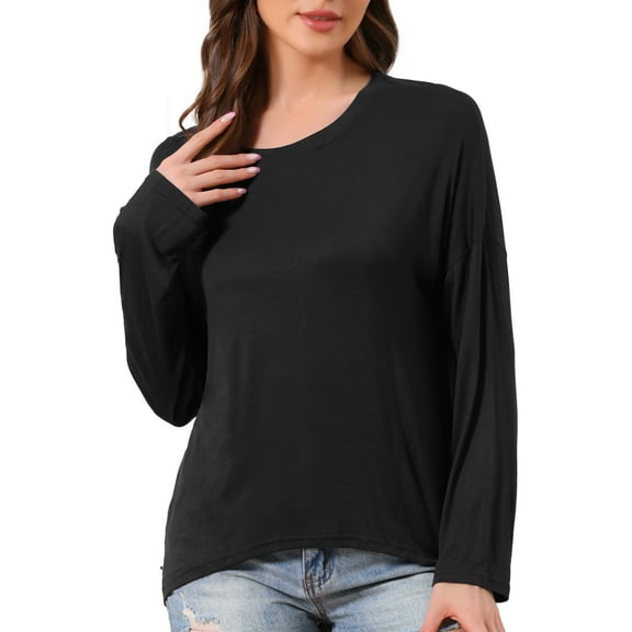 INSPIRE CHIC Womens Loungewear Long Sleeve Oversized Drop Shoulder High Low Hem Round Neck Tops Underwear Sleepwear Shirts Tee M Black