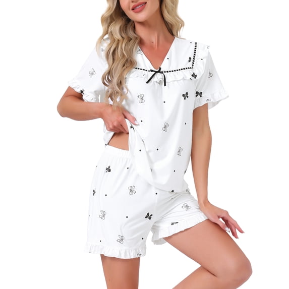 INSPIRE CHIC Women's Loungewear Ruffle Babydoll Collared Cute Print Short Sleeves with Shorts Sleepwear Pajama Sets M Gray