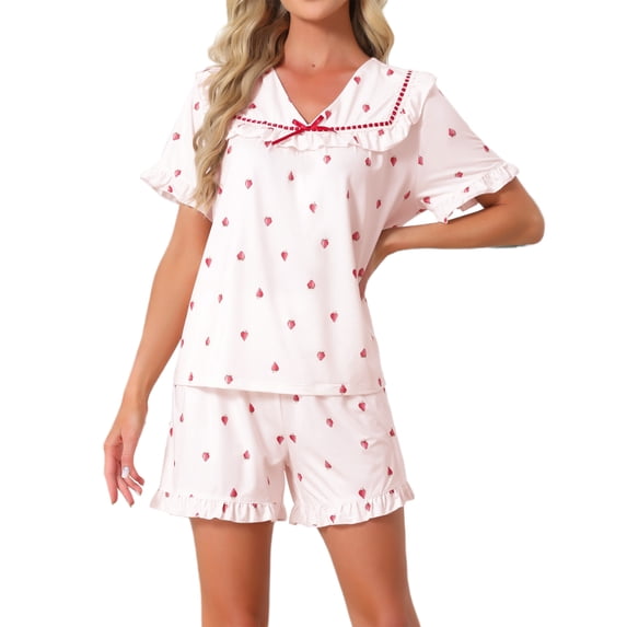 INSPIRE CHIC Women's Loungewear Ruffle Babydoll Collared Cute Print Short Sleeves with Shorts Sleepwear Pajama Sets M Pink