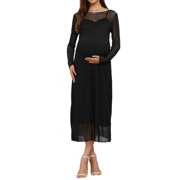 INSPIRE CHIC Womens Maternity 2-Piece Dress Mesh Ruched Side Bodycon Wedding Guest Cocktail Party Pregnancy Dresses M Black