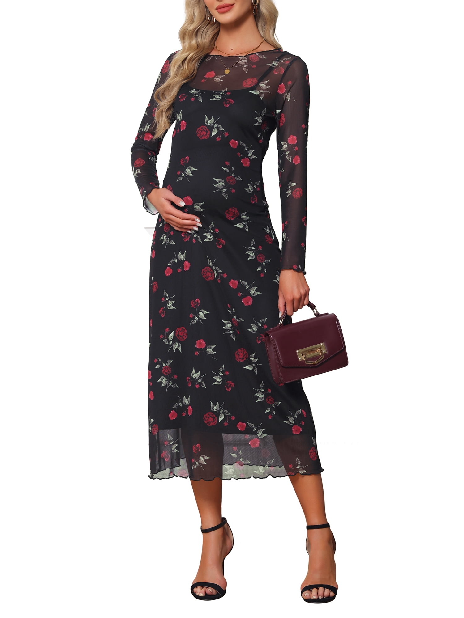 maternity cocktail dresses for weddings Inspire Chic Women's 2-Piece Dress Mesh Ruched Side Bodycon Wedding Guest Party Pregnancy Small Black Floral, Red Size:Small (2-4) Mum dressing like a april-sale-25 72cm/28.35 Hip