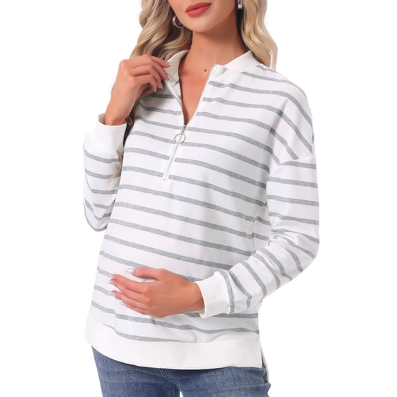 INSPIRE CHIC Womens Maternity Blouse Cotton Mock Neck Shirt Half Zip Long Sleeve Tops Side Slit Striped Turtleneck Pregnancy M Grey Stripe