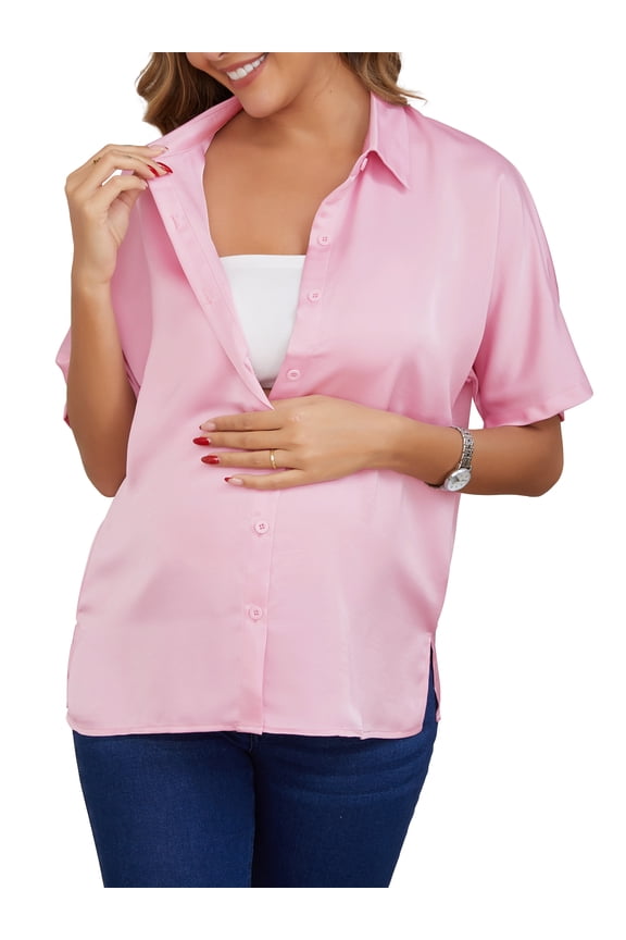 Women's Maternity Blouse Dolman Sleeve Loose Button Down Split Point Collar Short Sleeve Tops Pregnancy Shirts M Pink