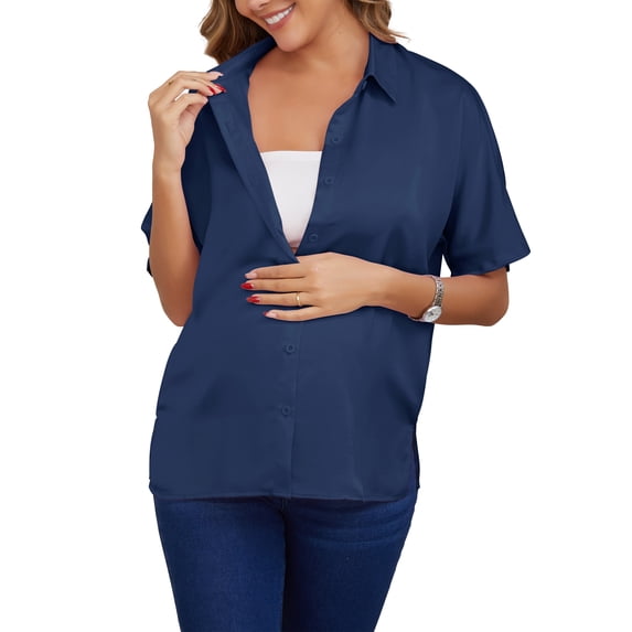 INSPIRE CHIC Women's Maternity Blouse Dolman Sleeve Loose Button Down Split Point Collar Short Sleeve Tops Pregnancy Shirts S Navy
