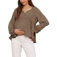 thumbnail image 1 of INSPIRE CHIC Womens Maternity Blouse High Low Tops V Neck Babydoll Button Long Sleeve Lantern Pleated Ruched Frill Pregnancy M Brown, 1 of 6