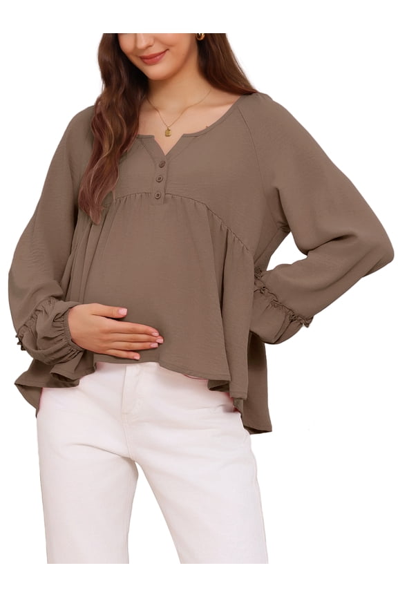 Women's Maternity Blouse High Low Tops V Neck Babydoll Button Long Sleeve Lantern Pleated Ruched Frill Pregnancy M Brown