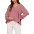 thumbnail image 1 of INSPIRE CHIC Womens Maternity Blouse High Low Tops V Neck Babydoll Button Long Sleeve Lantern Pleated Ruched Frill Pregnancy M Pink, 1 of 6