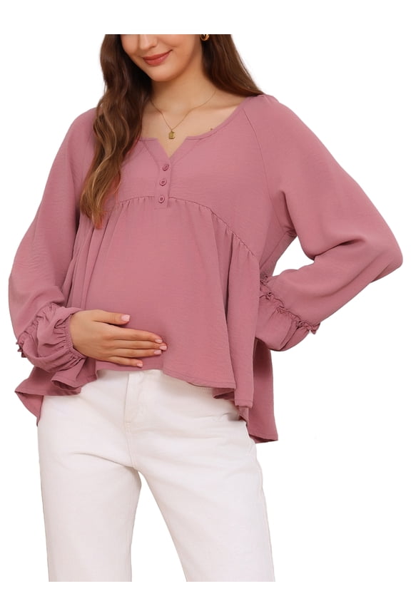 Women's Maternity Blouse High Low Tops V Neck Babydoll Button Long Sleeve Lantern Pleated Ruched Frill Pregnancy XL Pink