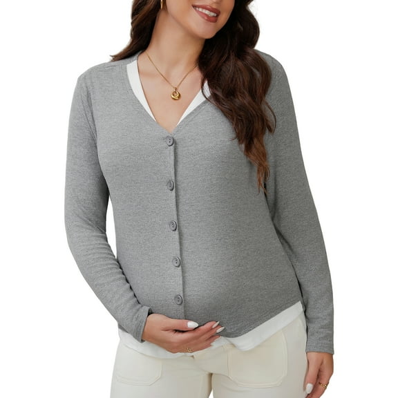 INSPIRE CHIC Womens Maternity Button Down Shirts Pregnancy Clothes Long Sleeve V Neck Faux 2-Piece Nursing Tops XL Gray
