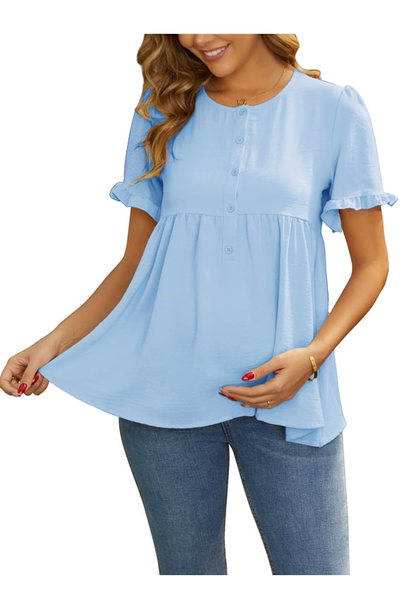 Women's Maternity Casual Round Neck Ruffle Sleeve Button T-Shirts Babydoll Loose Fit Peplum Tops M Blue