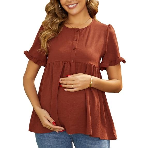 INSPIRE CHIC Women's Maternity Casual Round Neck Ruffle Sleeve Button T-Shirts Babydoll Loose Fit Peplum Tops M Brown