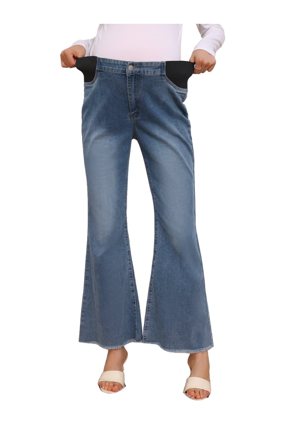 Womens Maternity Denim Bootcut Flared Jeans Stretchy Mid Rise Elastic Bell Frayed Hem Pregnancy Pants Jeggings 2XL Grey Blue