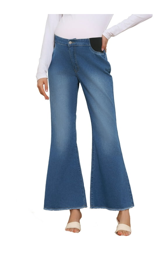 Womens Maternity Denim Bootcut Flared Jeans Stretchy Mid Rise Elastic Bell Frayed Hem Pregnancy Pants Jeggings M Blue