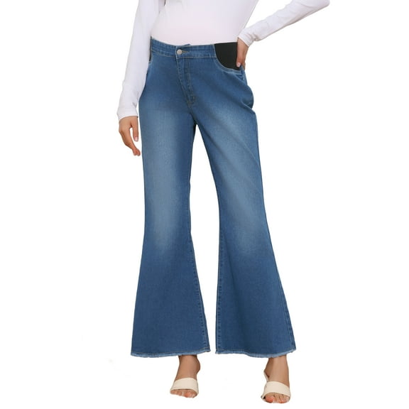 INSPIRE CHIC Womens Maternity Denim Bootcut Flared Jeans Stretchy Mid Rise Elastic Bell Frayed Hem Pregnancy Pants Jeggings S Blue