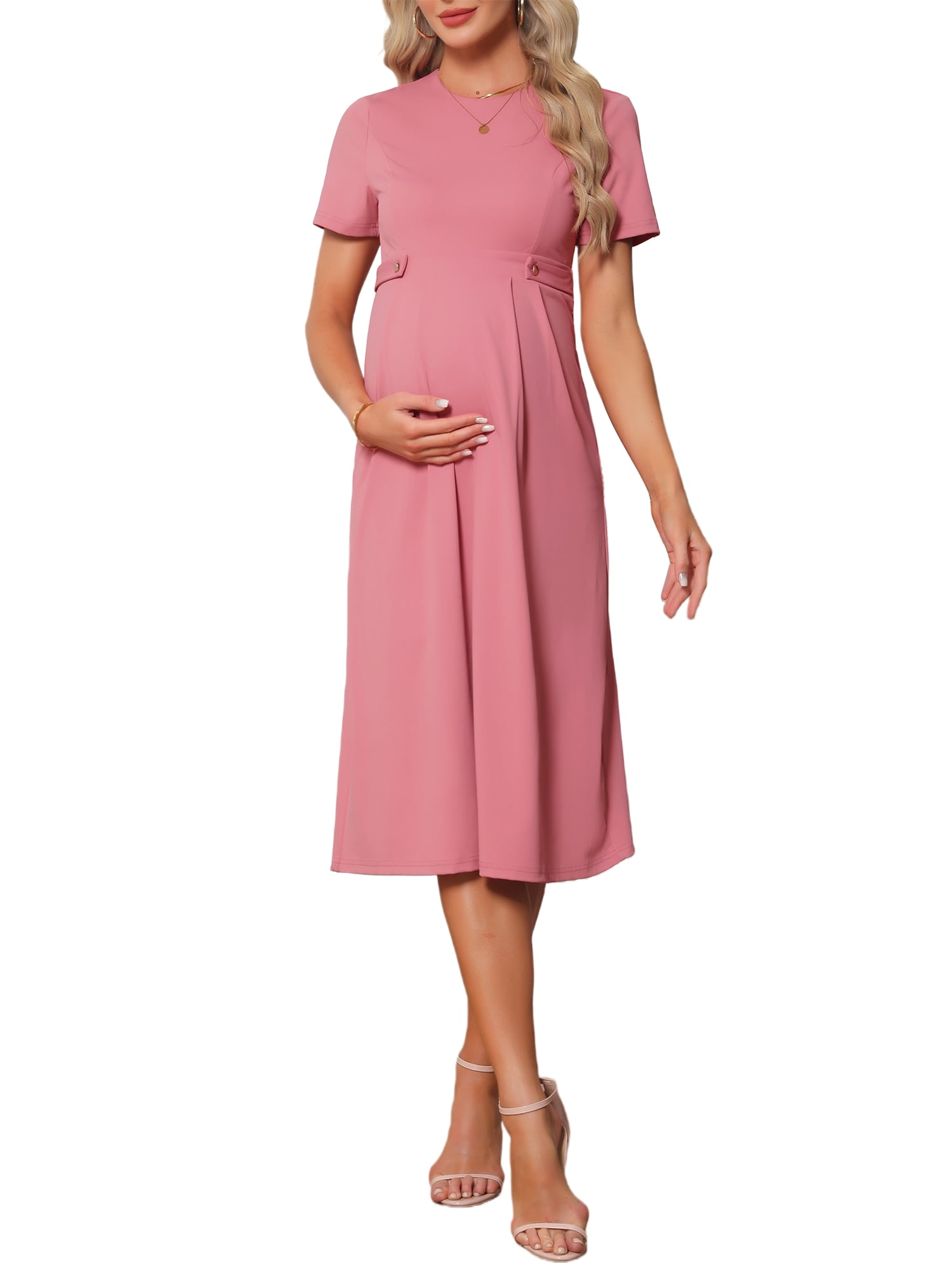 a line dress for pregnant women INSPIRE CHIC Women's Maternity Crewneck Short Sleeve Stretchy Summer Office Work Midi Pregnancy Dresses XL Pink Subtly woven through with size:20 The Dream Square-Neck Dress Color:Green（Pre-sale）