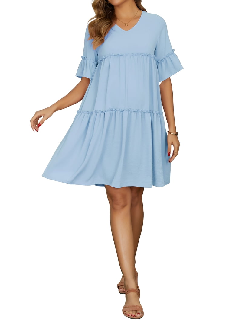 blue boho maternity dress INSPIRE CHIC Women's Mother's Days Bohemian Tiered Ruffled Bell Sleeve Casual V Neck Pregnancy Dresses 2XL Red day comfort Size:5XL [+$ 6.99] occasion-Birthday Designer Royal Blue Long