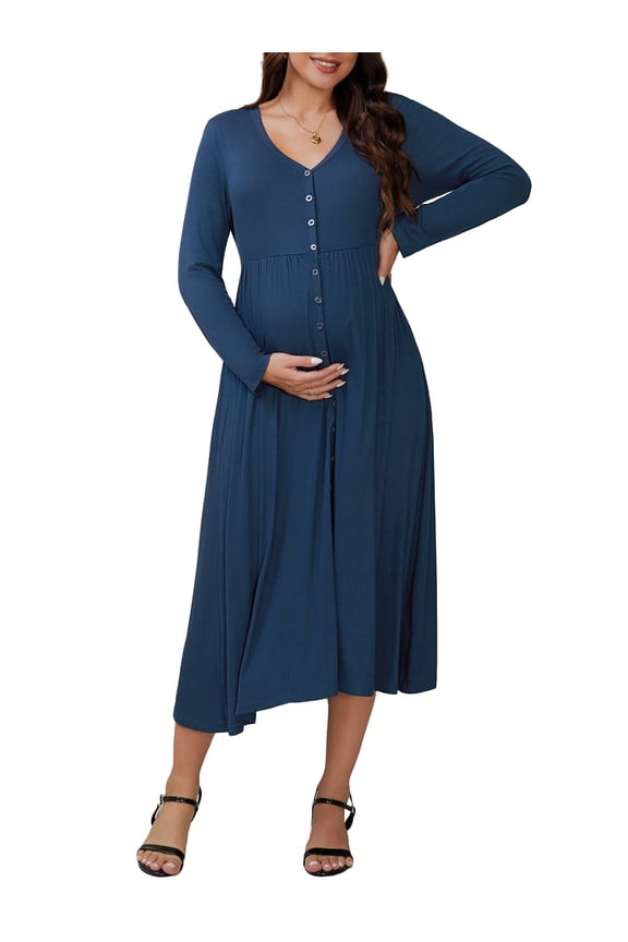 Womens Maternity Dresses Button Pleated Knit  Long Sleeve Photoshoot Pregnancy Maxi Dress L Blue