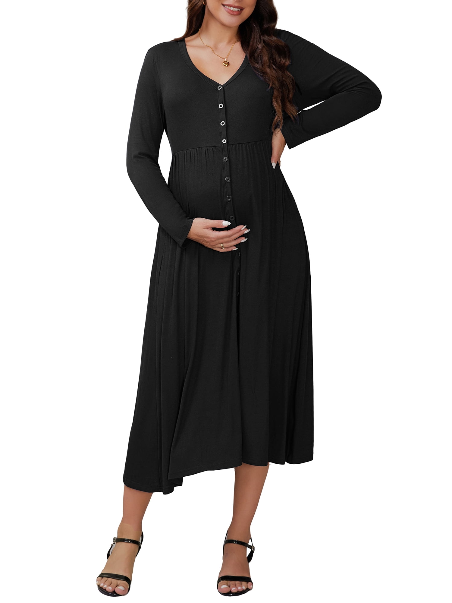 INSPIRE CHIC Womens Maternity Dresses Button Pleated Knit Long Sleeve  Photoshoot Pregnancy Maxi Dress S Black - Walmart.com