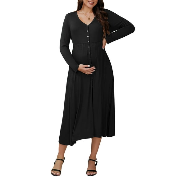 INSPIRE CHIC Women's Mother's Days Maternity Dresses Button Pleated Knit Long Sleeve Photoshoot Pregnancy Maxi Dress S Black