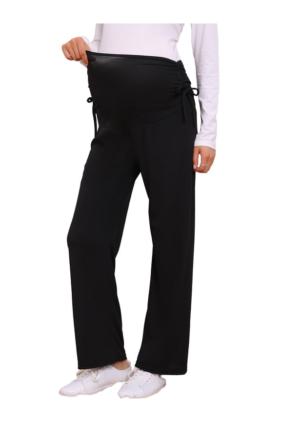 Womens Maternity Pants Ribbed Knit Palazzo Over the Belly Work Lounge Wide Leg Pregnancy Trousers S Black