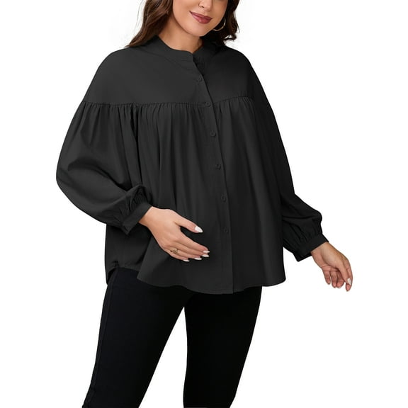 INSPIRE CHIC Womens Maternity Shirts Blouses Pleated Button Down Long Sleeve Pregnancy Nursing Top 2XL Black