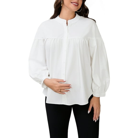 INSPIRE CHIC Womens Maternity Shirts Blouses Pleated Button Down Long Sleeve Pregnancy Nursing Top M White