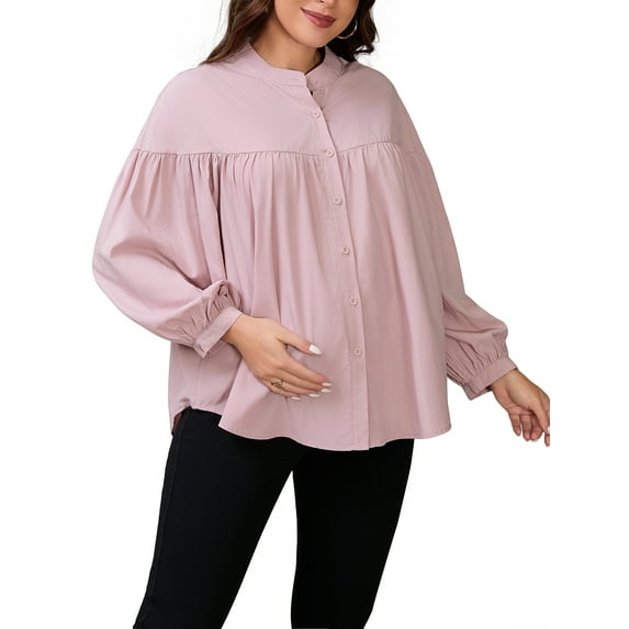 INSPIRE CHIC Womens Maternity Shirts Blouses Pleated Button Down Long Sleeve Pregnancy Nursing Top S Pink
