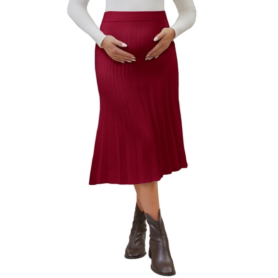 INSPIRE CHIC Womens Maternity Sweater Skirt Over the Belly Knit Midi Pregnancy Pleated Skirts Small Red