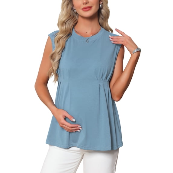 INSPIRE CHIC Womens Maternity Tank Tops Pleated Peplum Tunic Cap Sleeve Casual Shirt Dressy Sleeveless Pregnancy Blouses M Grey Blue