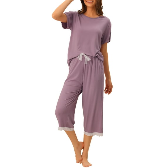 INSPIRE CHIC Women's Pajama Set Short Sleeve Tops with Lace Trim Carpri Pants Modal Spring Summer Sleepwear S Purple