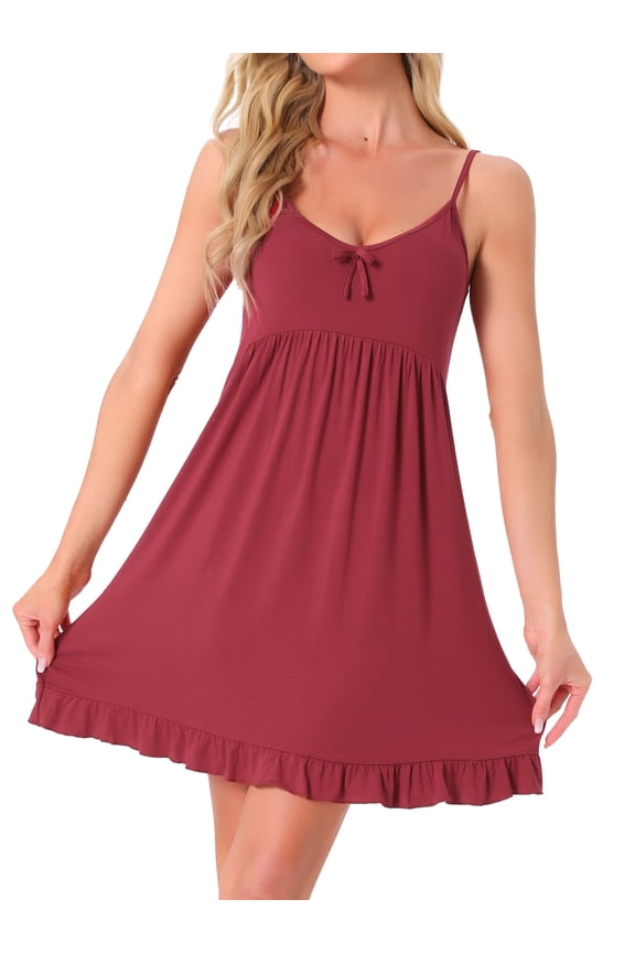 Women's Nightdress Spaghetti Strap Scoop Neck Sleepdress Frill Sleepwear Loungewear XS Red
