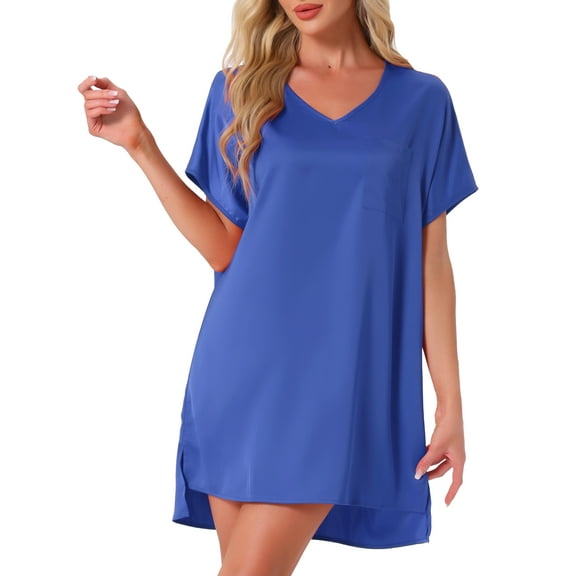 INSPIRE CHIC Women's Nightgown V Neck Soft Short Sleeve Loungwear Thigh Length Sleepdress S Blue