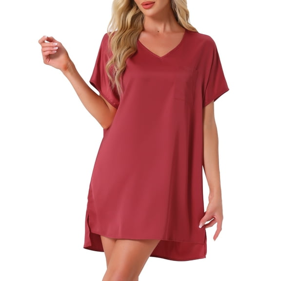 INSPIRE CHIC Women's Nightgown V Neck Soft Short Sleeve Loungwear Thigh Length Sleepdress S Red