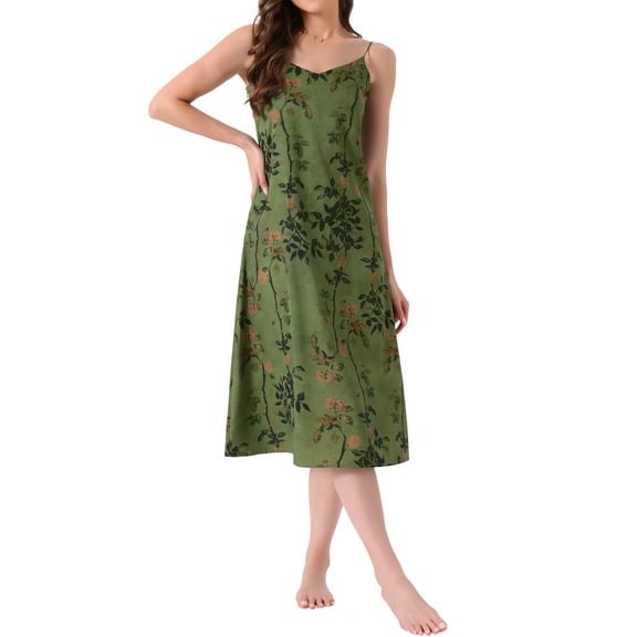 INSPIRE CHIC Womens Nightgown Satin Floral Jacquard Spaghetti Strap Sleeveless V Neck Long Midi Full Slip Sleepwear S Orange Flower