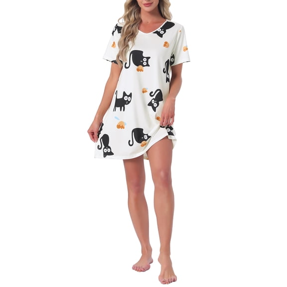 INSPIRE CHIC Womens Valentines Day Nightgown Short Sleeve Printed Sleepwear Sleepshirts Cute Night Shirts M Black Cats