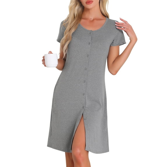 INSPIRE CHIC Women's Nightgown Sleep Dress Short Sleeve Button Down Solid Crewneck Night Dress M Grey